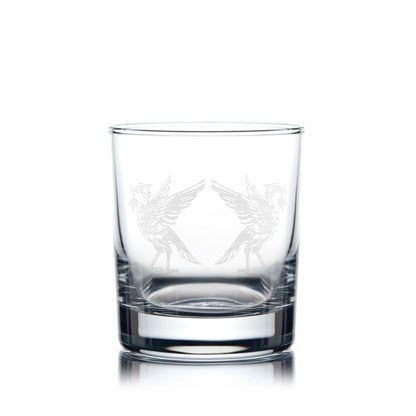 Liverpool's two liverbirds, Bella & Bertie engraved onto a whisky glass