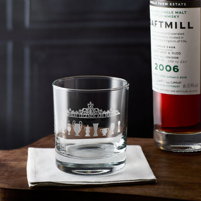 Whisky glass engraved with Liverpools Shankly Gates and eight championship football trophies