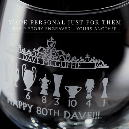 Engraved gin glass featuring the Shankly Gates in line-art style with football trophy silhouettes and personalised text, shown on a black background.