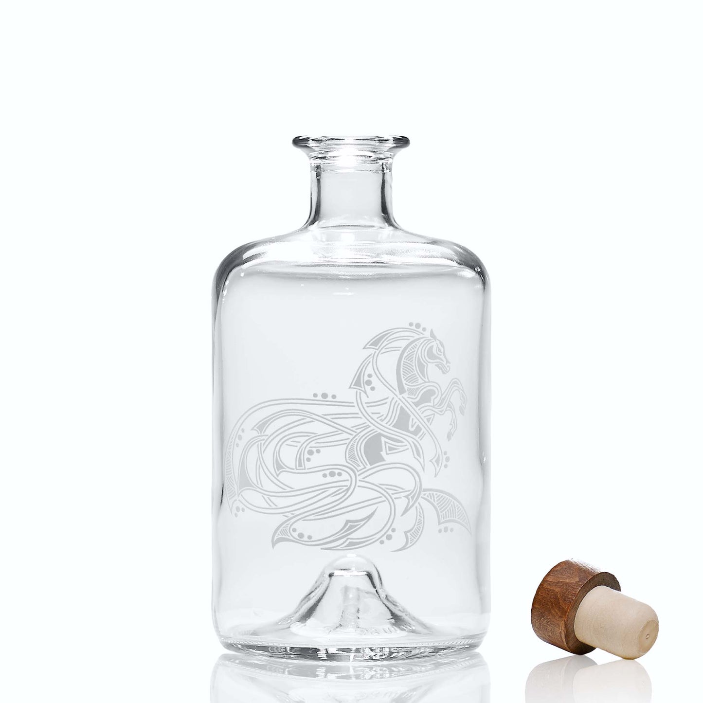 Celtic decanter engraved with a knotwork horse, circles and flowing anamorphic ribbon design