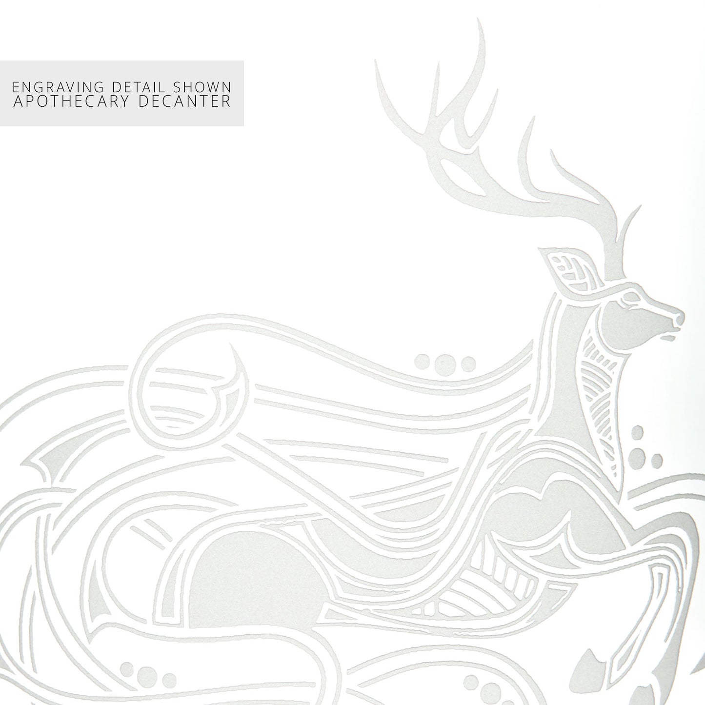 close-up detail of a stag design engraved onto an apothecary decanter using the sandblasting engraving technique