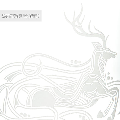 close-up detail of a stag design engraved onto an apothecary decanter using the sandblasting engraving technique