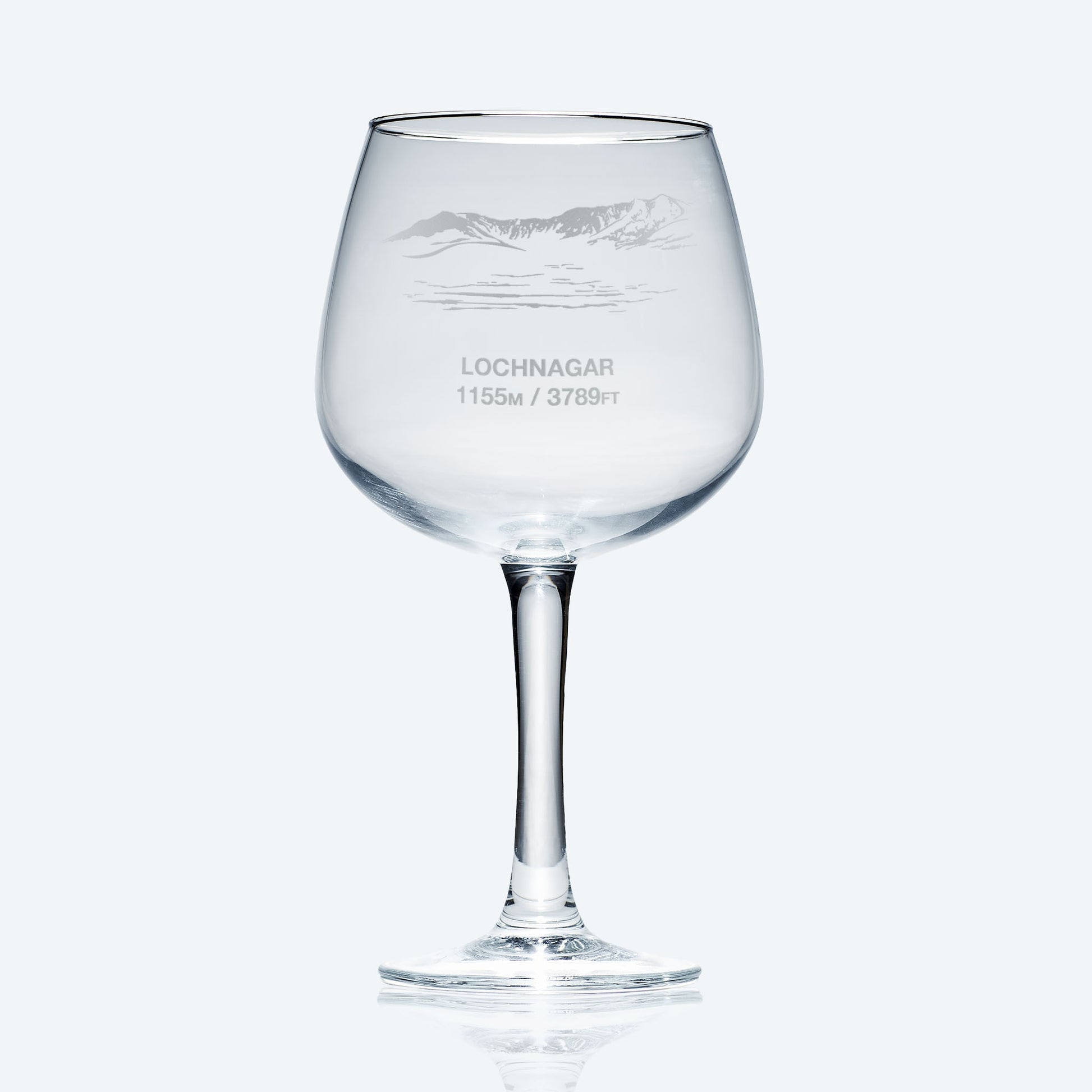 engraved mountain gin glass etched with lochnagar's meikle pap