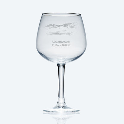 engraved mountain gin glass etched with lochnagar's meikle pap