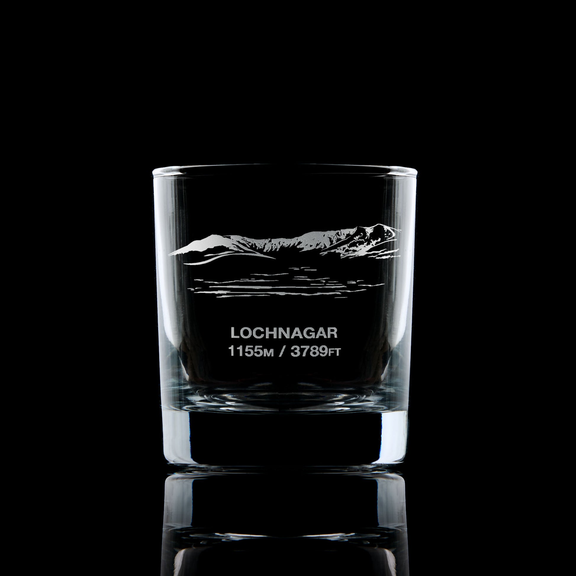 engraved mountain whisky glass etched with lochnagar's meikle pap