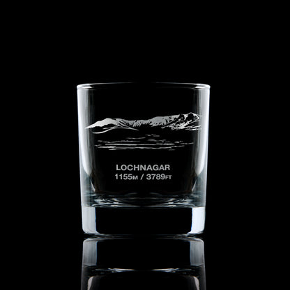 engraved mountain whisky glass etched with lochnagar's meikle pap