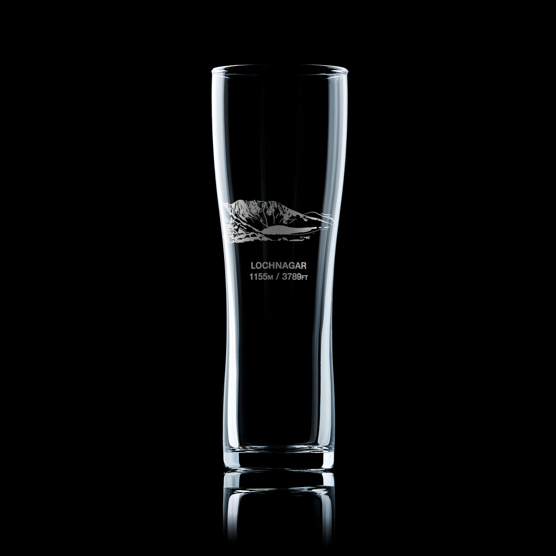 tall pint glass engraved with the scottish mountain Lochnagar