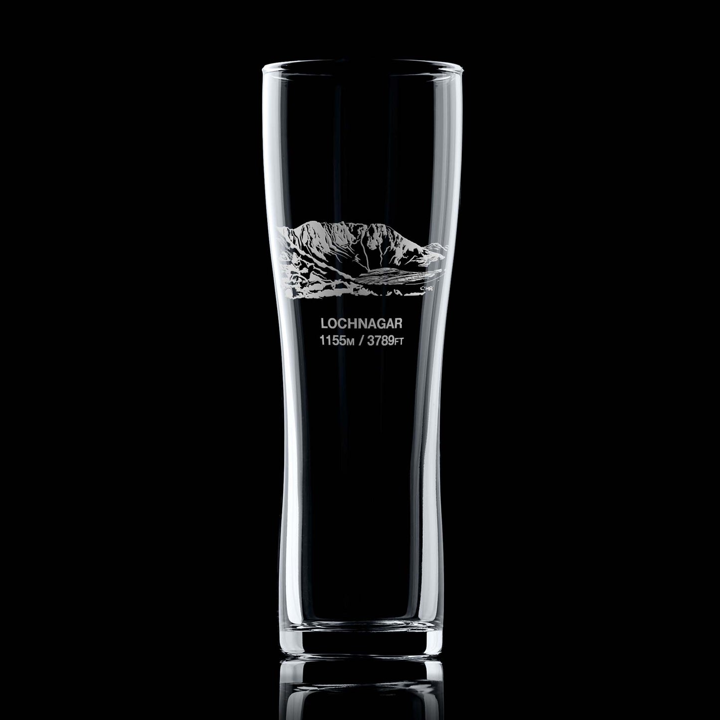 Tall pint glass engraved with Lochnagar in the cairgorms