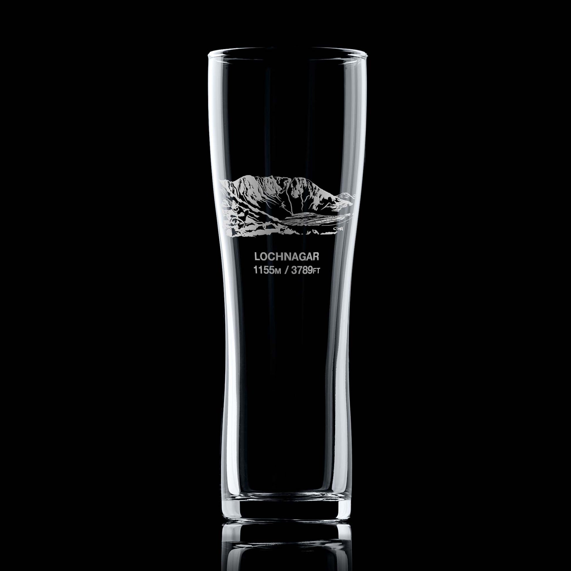 Tall pint glass engraved with Lochnagar in the cairgorms