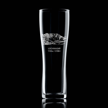 Tall pint glass engraved with Lochnagar in the cairgorms