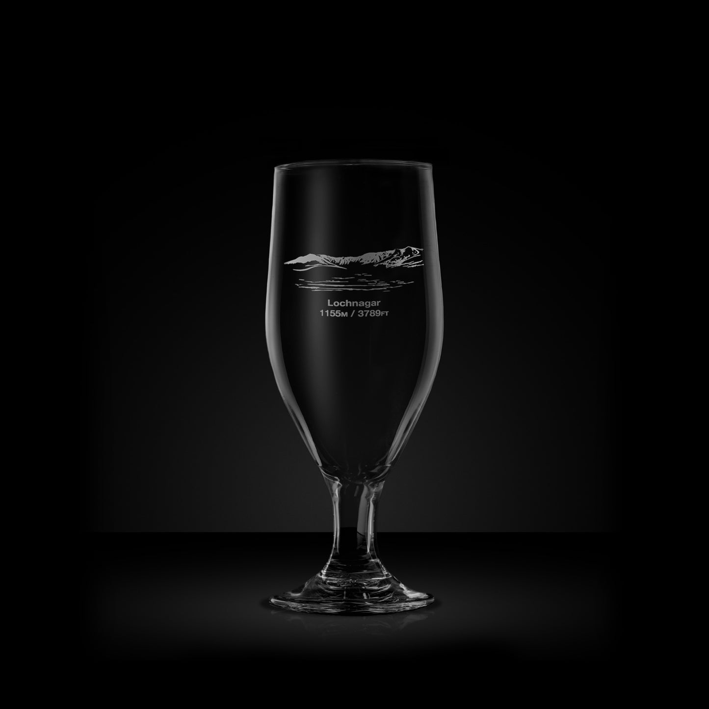 engraved mountain stemmed beer glass etched with lochnagar's meikle pap can carn