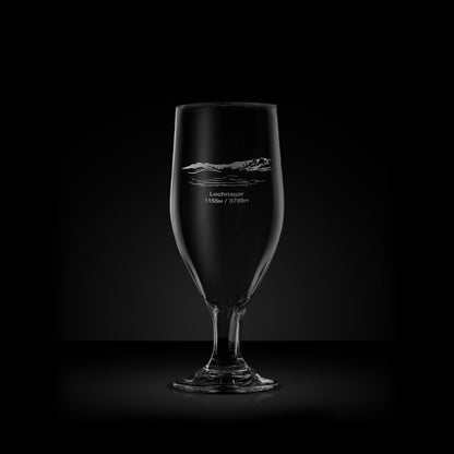 engraved mountain stemmed beer glass etched with lochnagar's meikle pap can carn