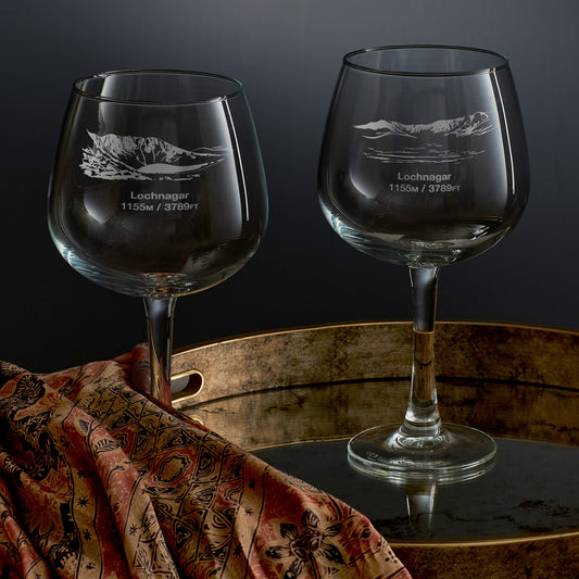 engraved mountain gin glasses etched with lochnagar's north corrie  and meikle pap can carn