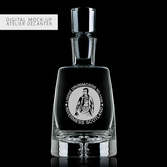 Masonic decanter with a portrait of Robert Burns and engraved with Lodge Drummossie SC1438 on a black background