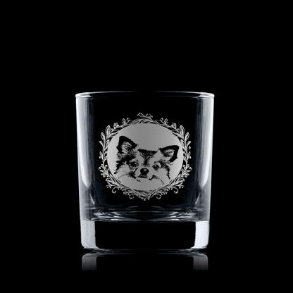 Whiskey tumbler with engraved long haired chihuahua portrait in circular frame with leafy garland