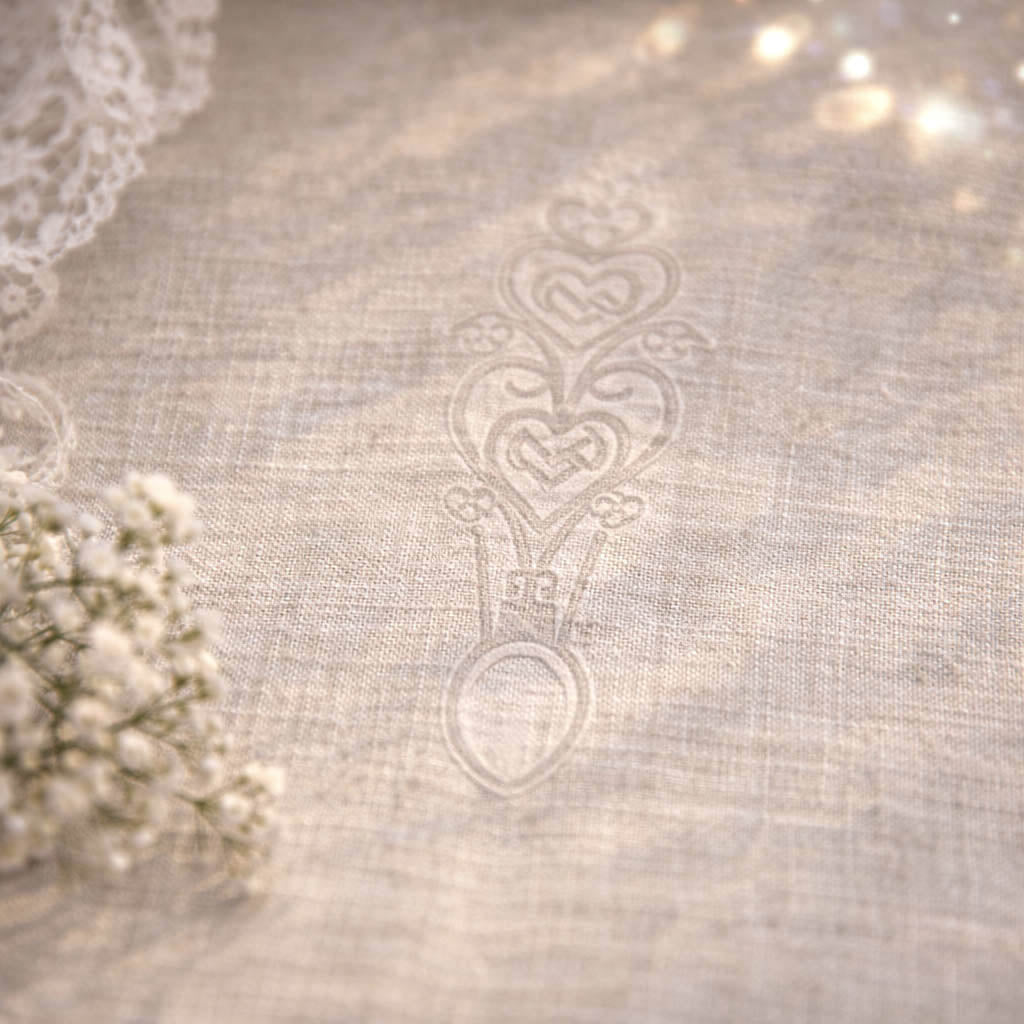 Textured fabric with Welsh Lovespoon heart design and lace edge