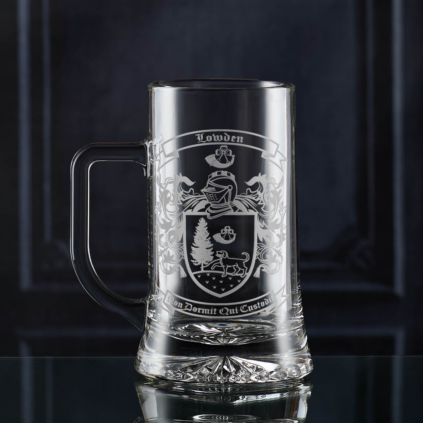 Lowden coat of arms engraved on pint tankard — ideal for milestone gifts.