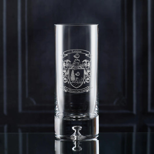 Personalised engraved Coat of Arms vase with shield, crest, motto, surname, and decorative mantling detail, handcrafted in Fife studio.