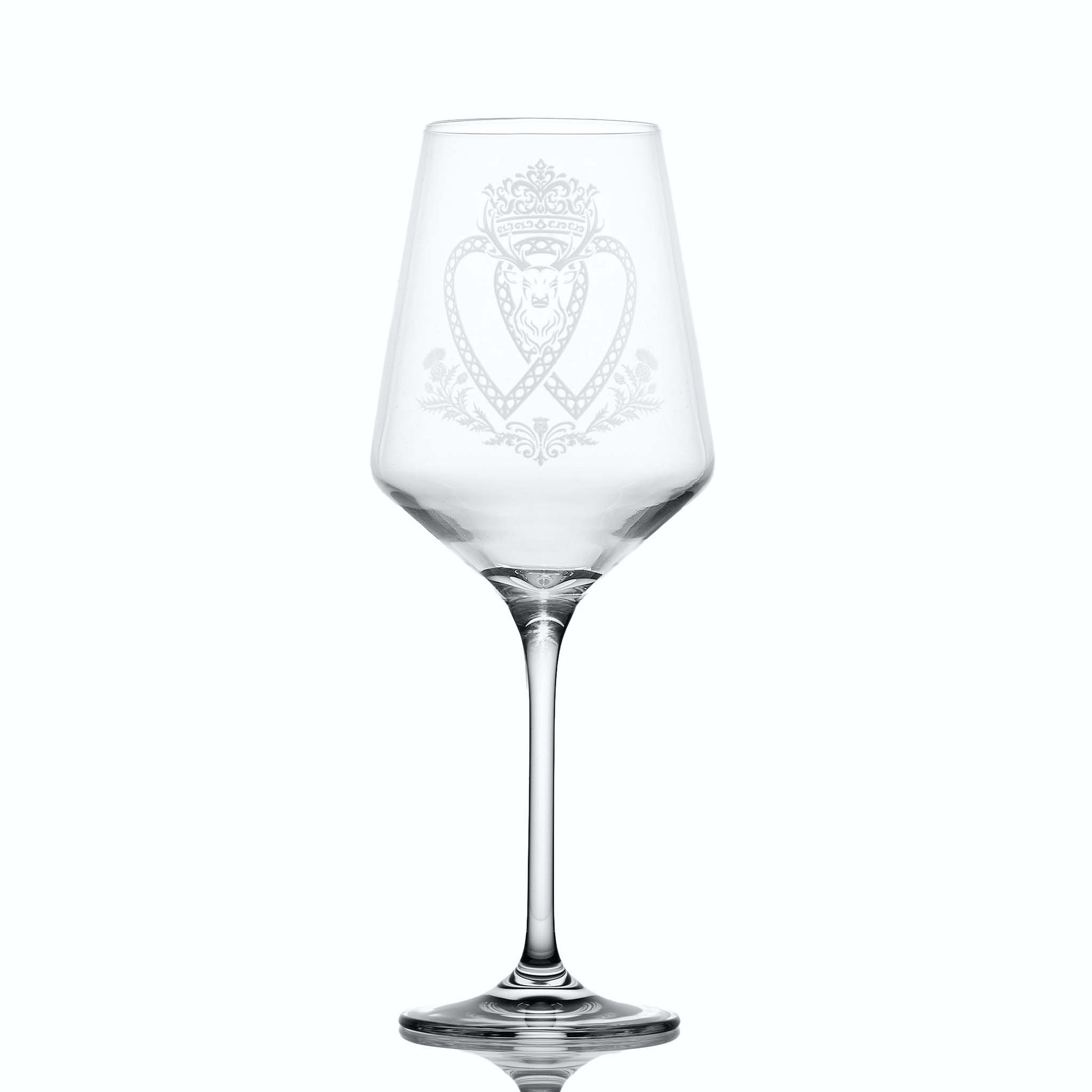 Refined wine glass with engraved Scottish Luckenbooth design, shown on white background to highlight shape and clarity