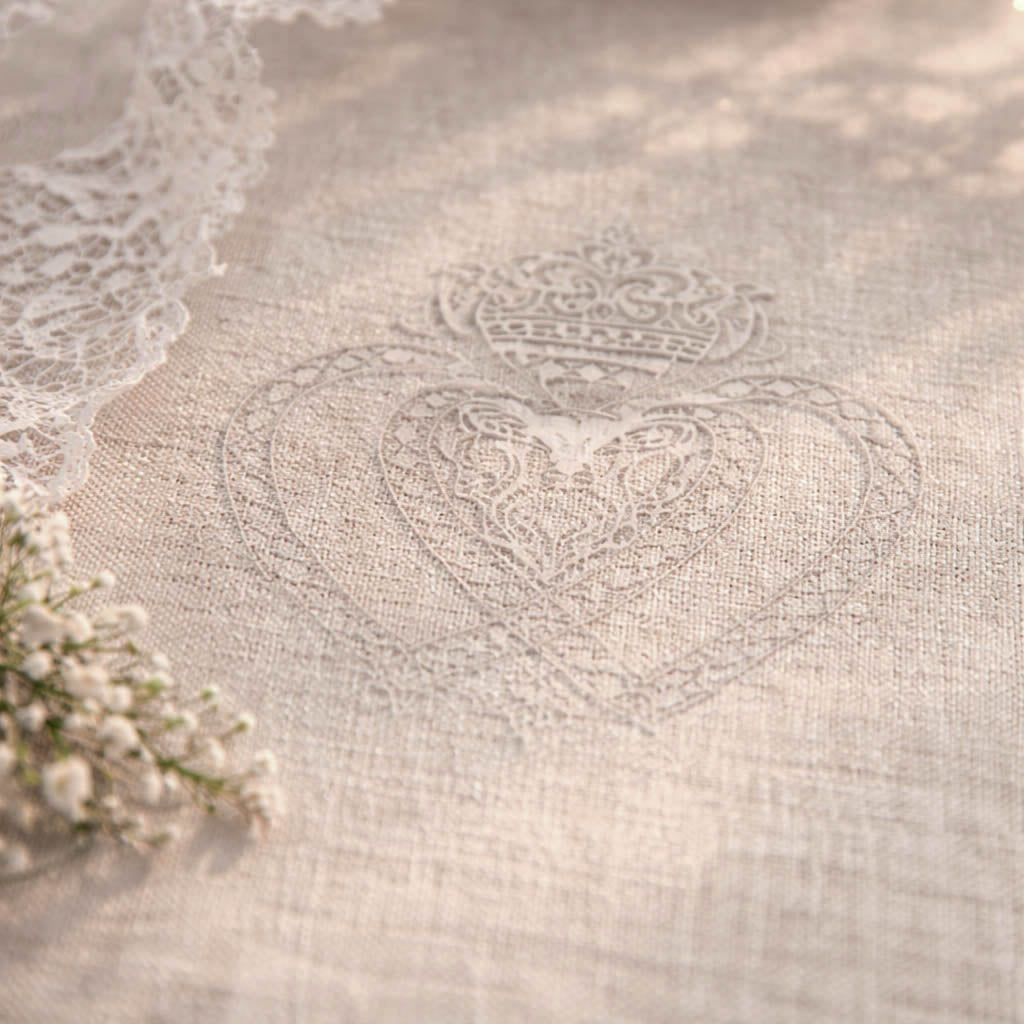Heart-shaped Luckenbooth design on fabric with lace and flowers in the background