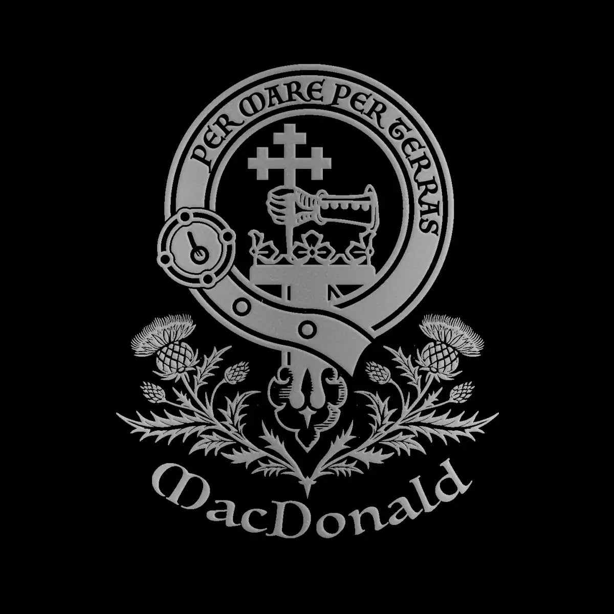 Engraved MacDonald clan crest design — digital mock-up for reference; artwork engraved by Just The Ticket in our Fife studio