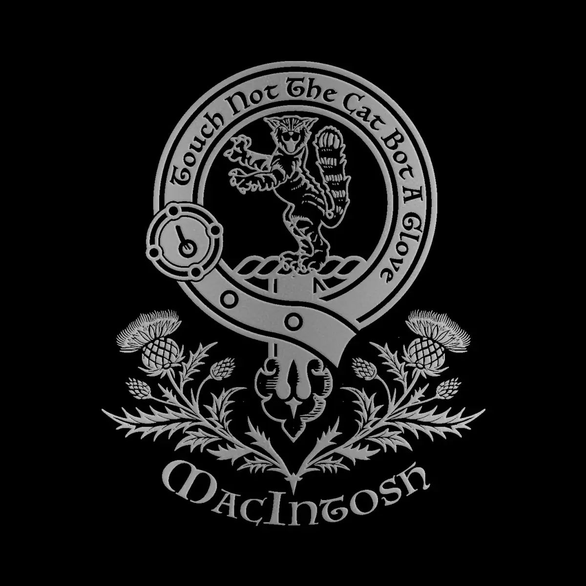 Engraved MacIntosh clan crest design — digital mock-up for reference; artwork engraved by Just The Ticket in our Fife studio