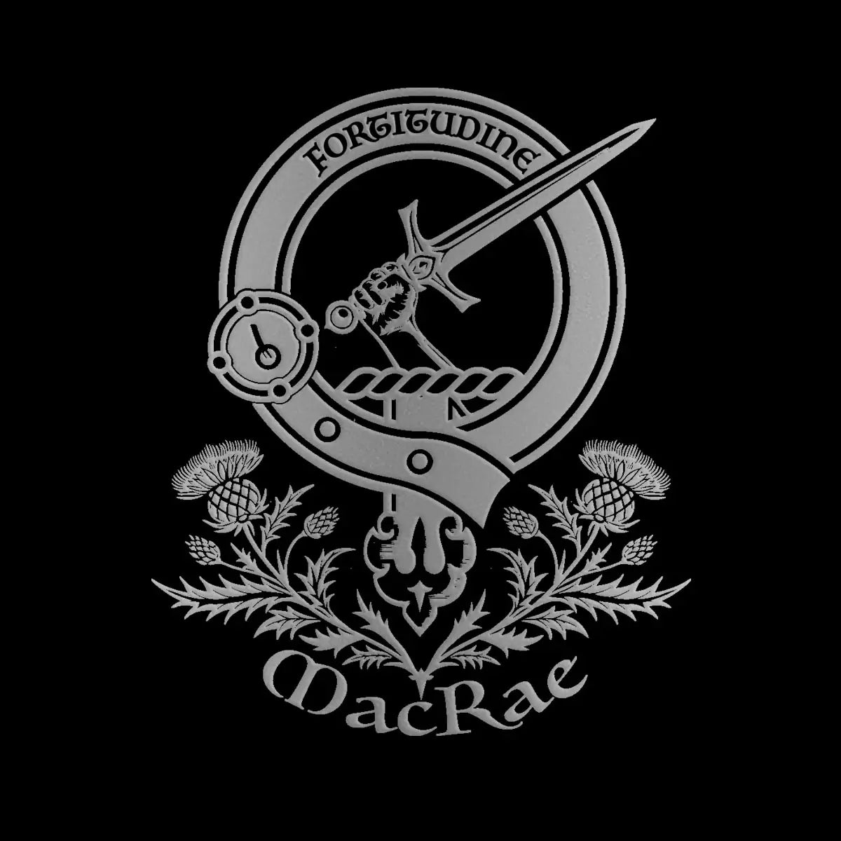 Engraved MacRae clan crest design — digital mock-up for reference; artwork engraved by Just The Ticket in our Fife studio