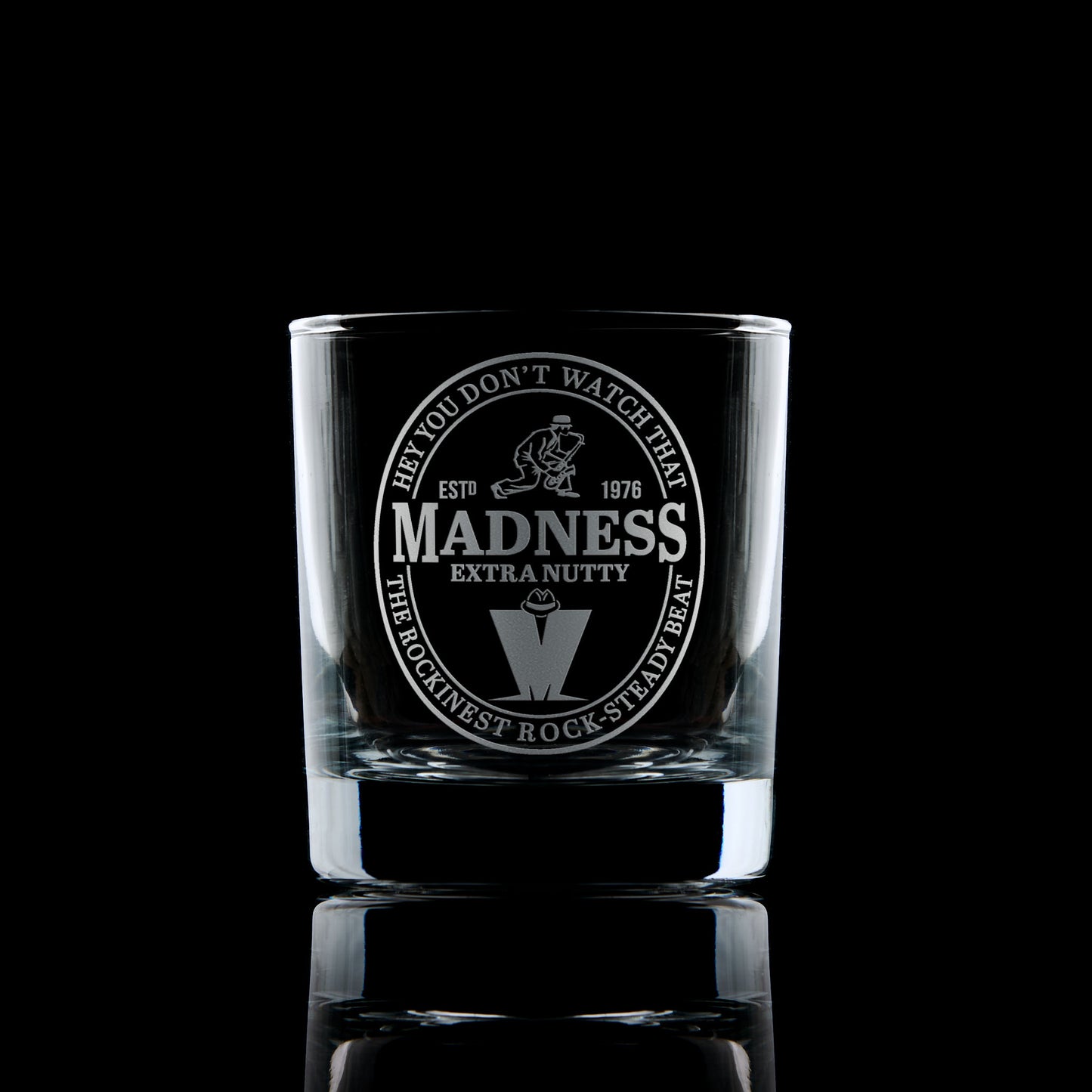 whisky glass engraved with madness sax & M