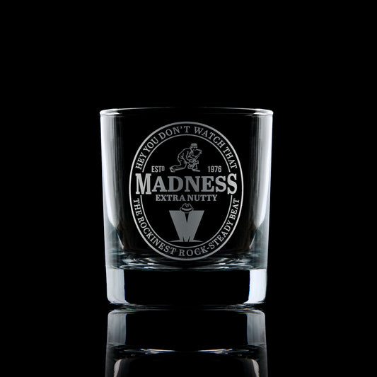 whisky glass engraved with madness sax & M