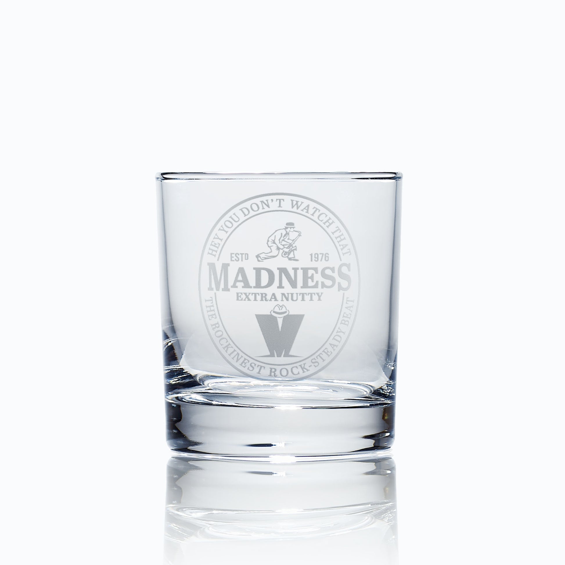 whisky glass engraved with madness sax & M