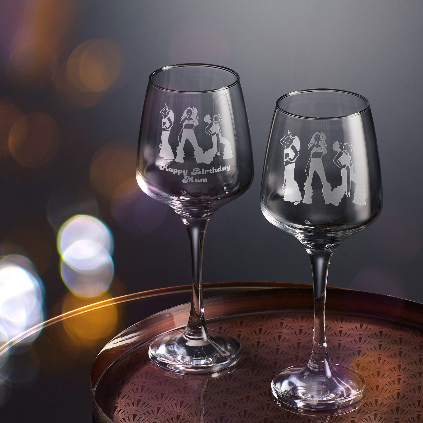 stemmed wine glasses engraved with mamma mia donna and the dynamos