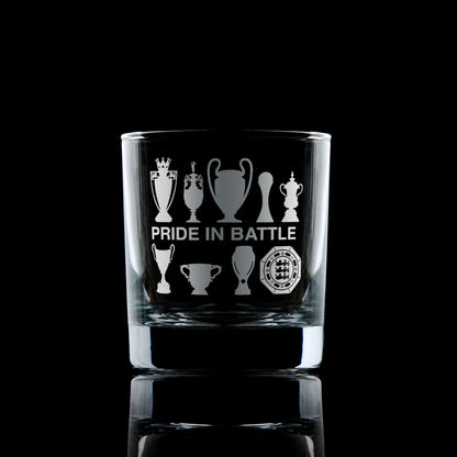 whiskey glass engraved with Manchester city Football Club trophies