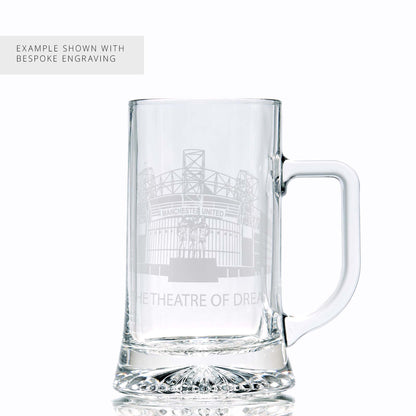 Example of bespoke engraving on a beer tankard, featuring one of Manchester's football stadiums