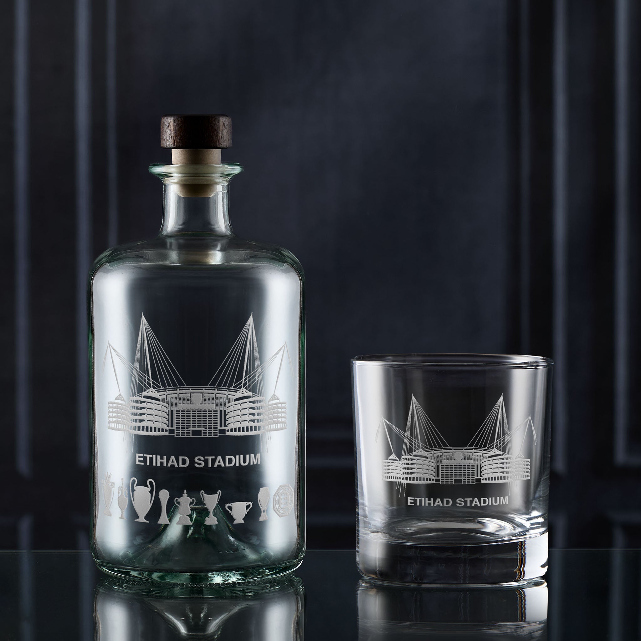 Personalised whisky gift set engraved with Etihad Stadium line art, inspired by Manchester football culture.