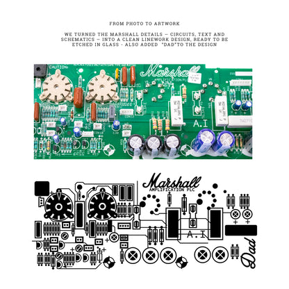 Vector illustration of a marshall amp circuit board alongside the original photograh