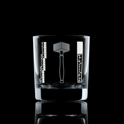 Whisky glass engraved with the eMasonic 1st degree working tools - 24-inch Gauge, the common Gavel, and Chisel.