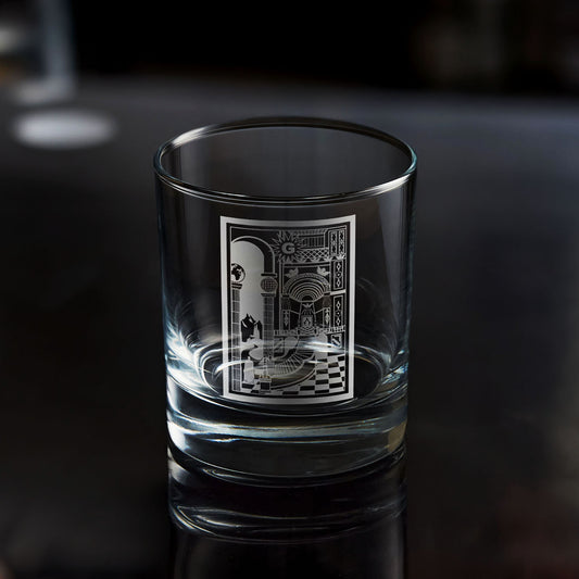 masonic whiskey glass engraved with a fellowcraft tracing board