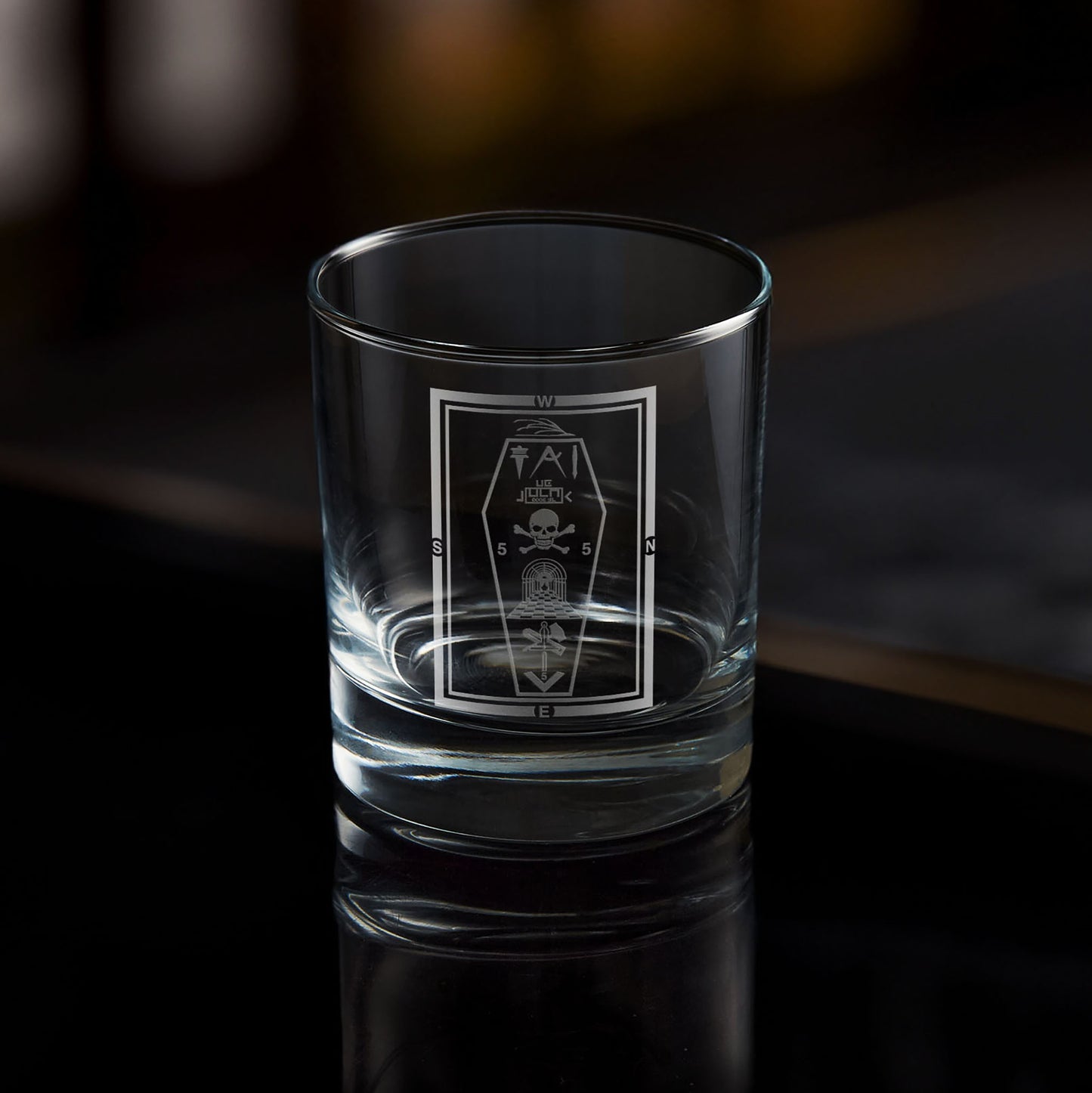 masonic whiskey glass engraved with a master masons tracing board