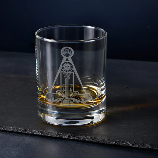 Scottish Constitution Almoner whisky glass engraved with Craft jewel, photographed on black background