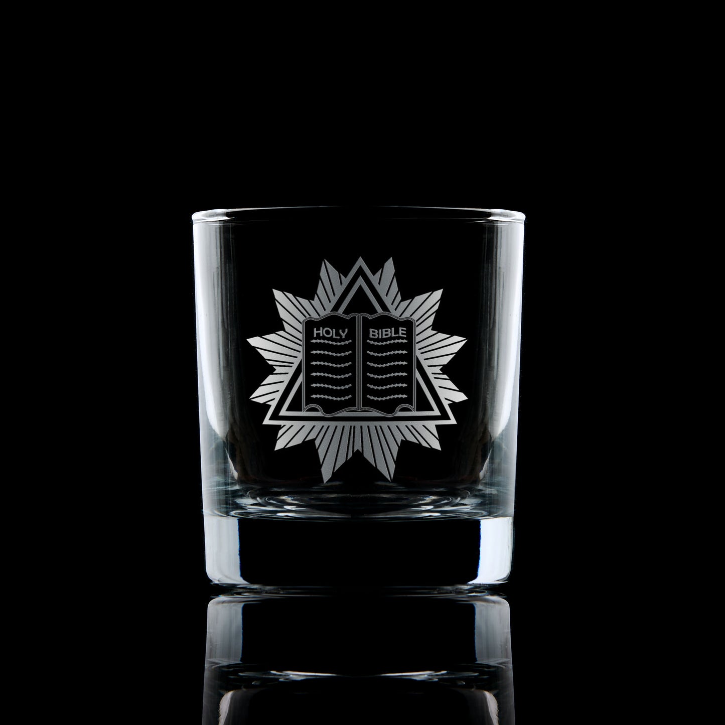 masonic whisky glass engraved with freemansory chaplin symbol