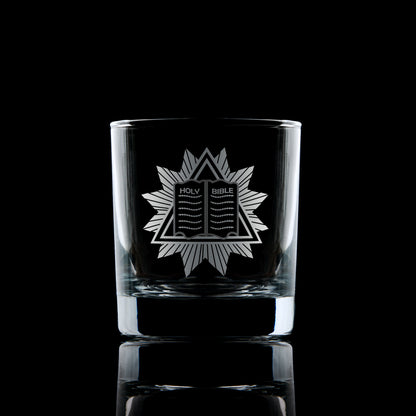 masonic whisky glass engraved with freemansory chaplin symbol