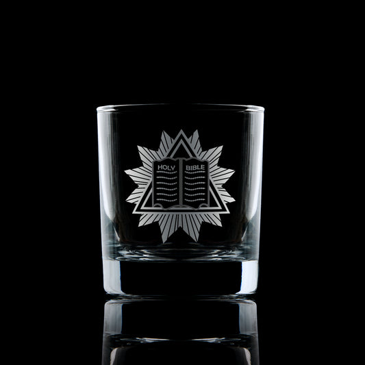 masonic whisky glass engraved with freemansory chaplin symbol