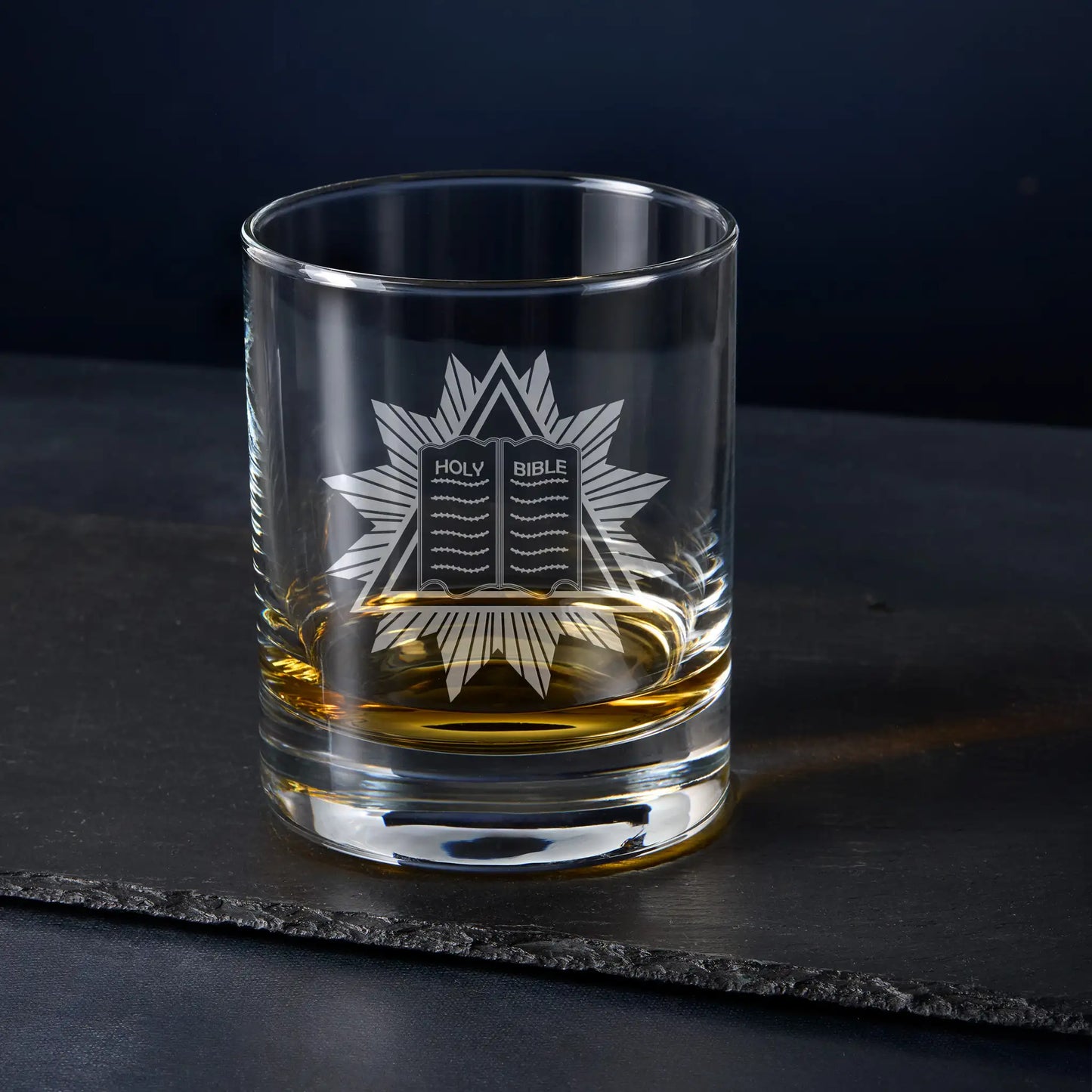 Whisky glass engraved with English Contitution Masonic Chaplin Craft Officers Collar Jewel