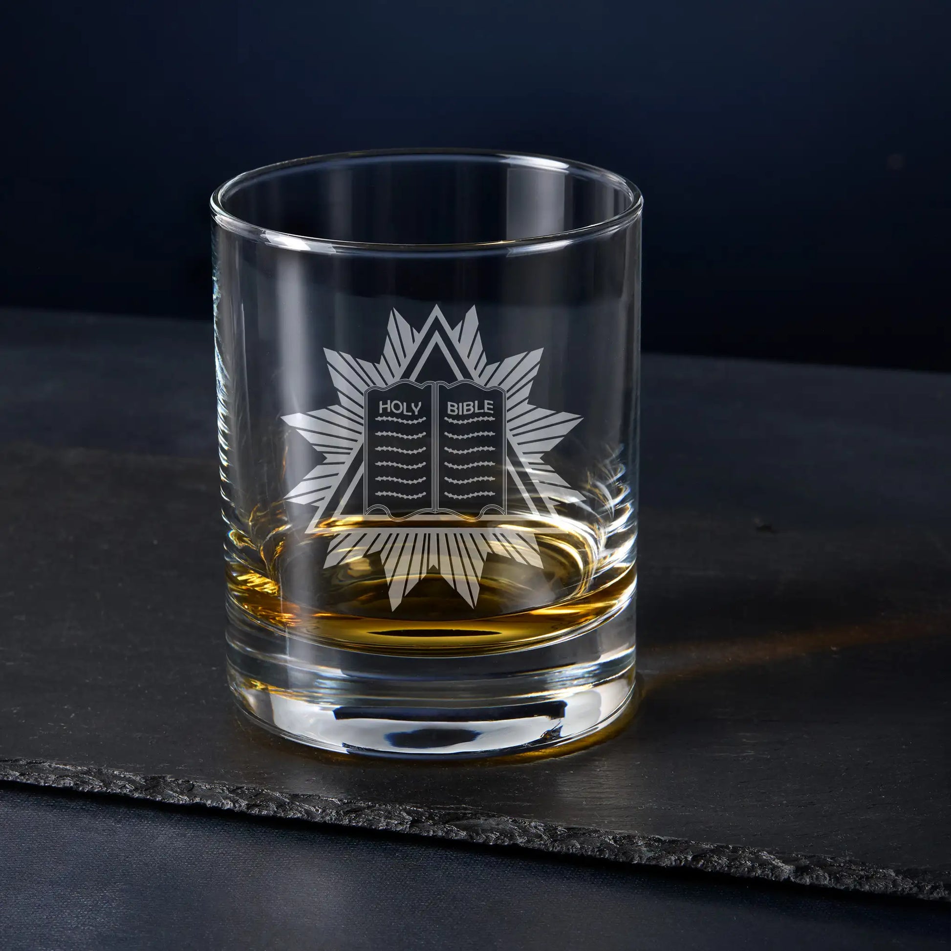 Whisky glass engraved with English Contitution Masonic Chaplin Craft Officers Collar Jewel