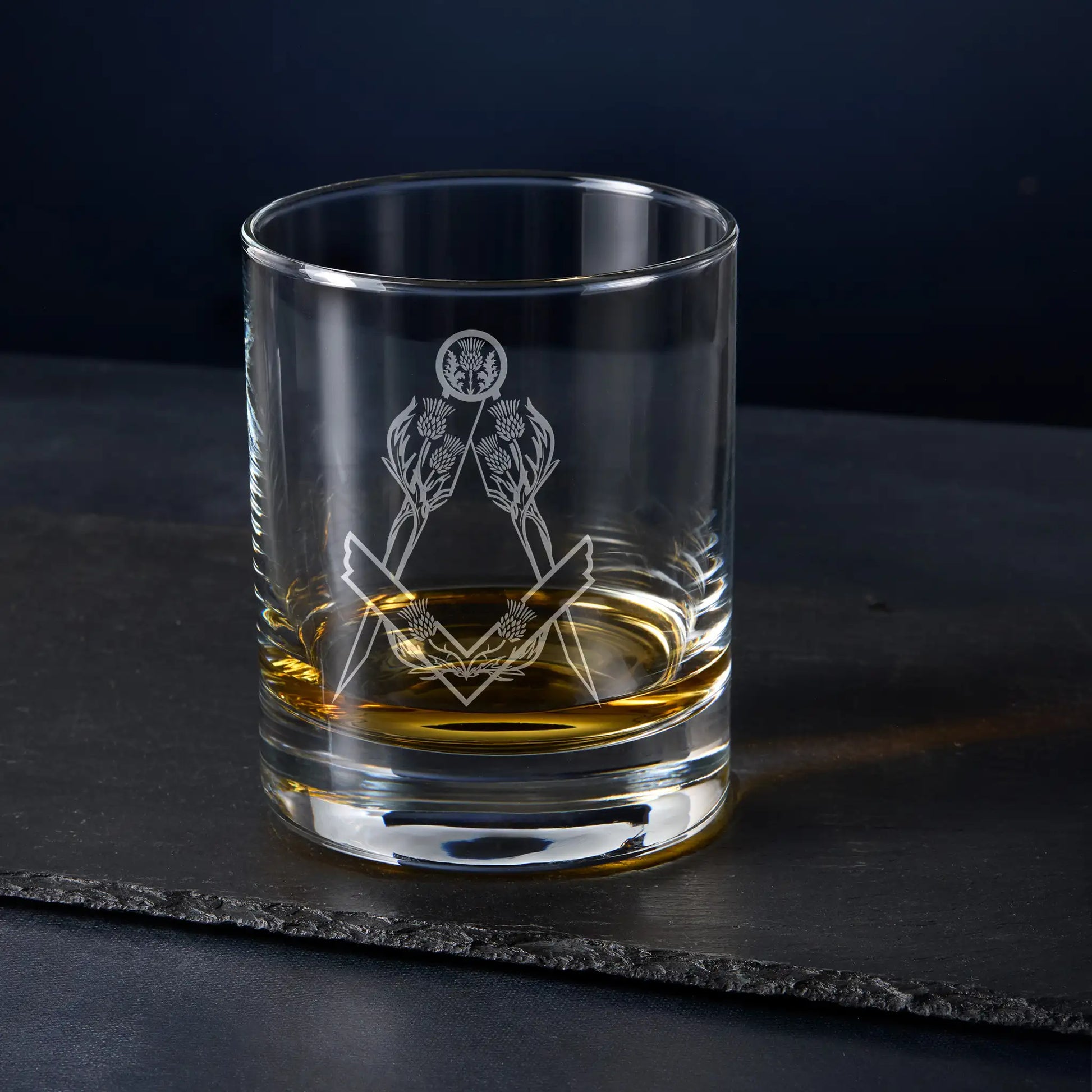 Whisky glass engraved with Scottish Contitution Depute Master Masonic Craft Officers Collar Jewel