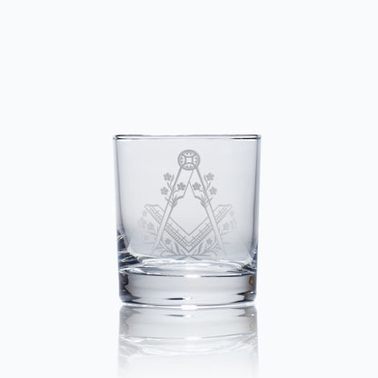 whisky glass engraved with forget me nots and masonic square and compass