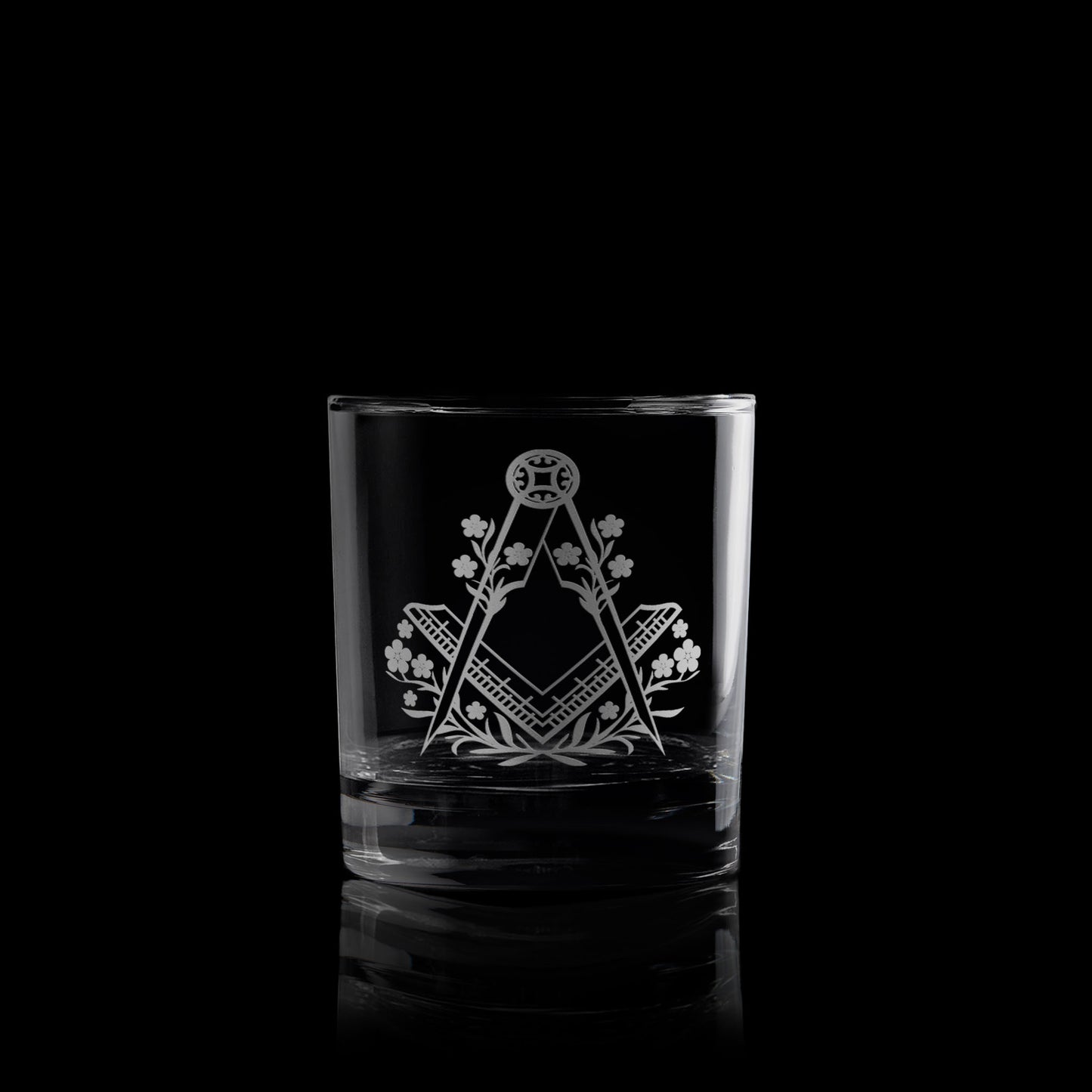 whisky glass engraved with forget me nots and masonic square and compass