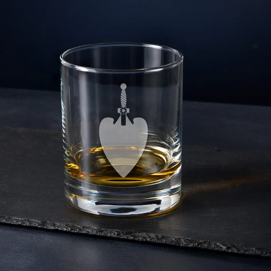 Whisky glass engraved with the Junior Deacon craft officers collar jewel, Scottish Constitution