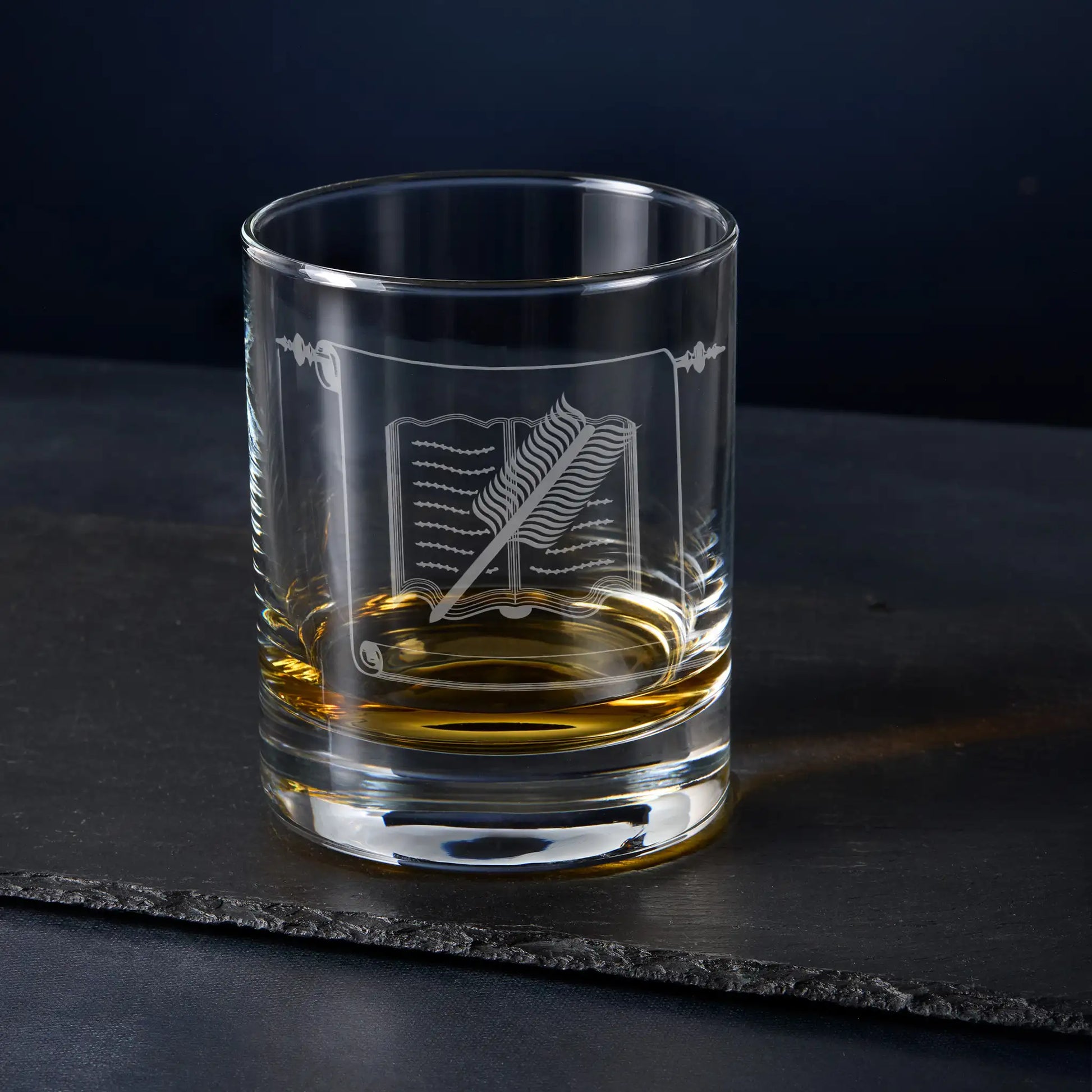 Whisky glass engraved with the Librarian craft officer collar jewel, Scottish Constitution