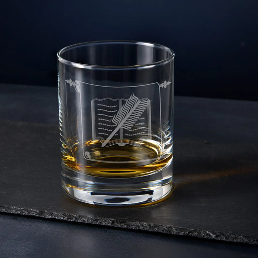 Whisky glass engraved with the Librarian craft officer collar jewel, Scottish Constitution